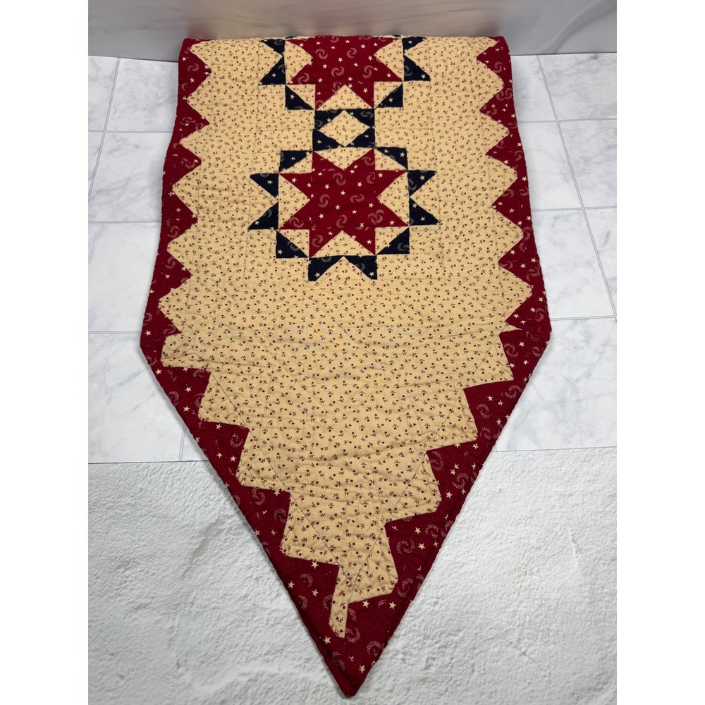 VTG 2002 Quilted Table Runner Americana Star Patchwork Red Navy Cream 81x16.5